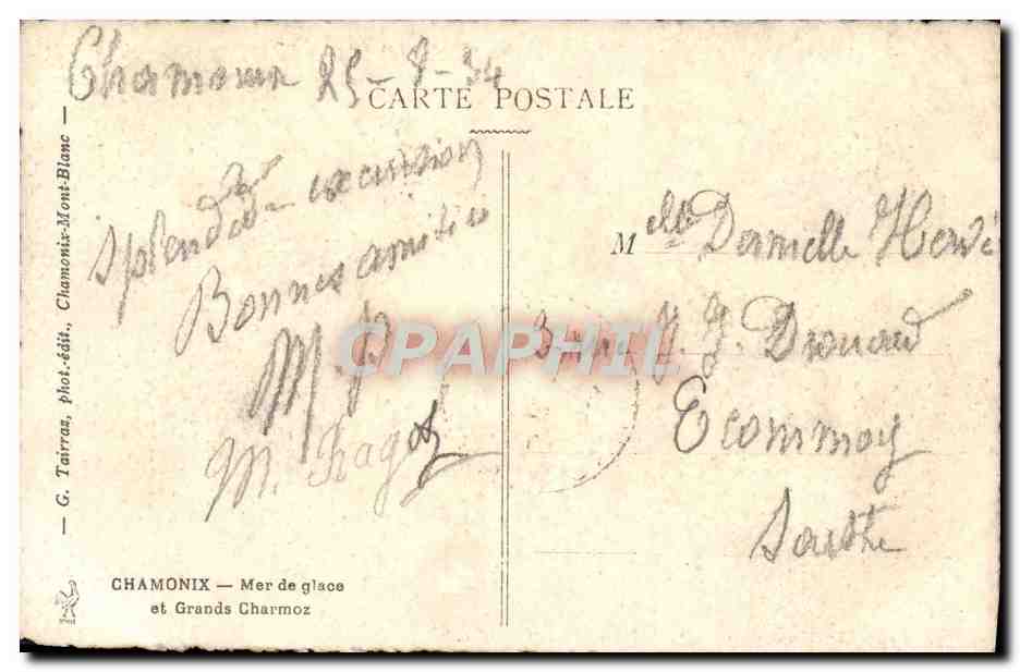 CPA Chamonix Mer de Glace et Grande Charmoz — Verso