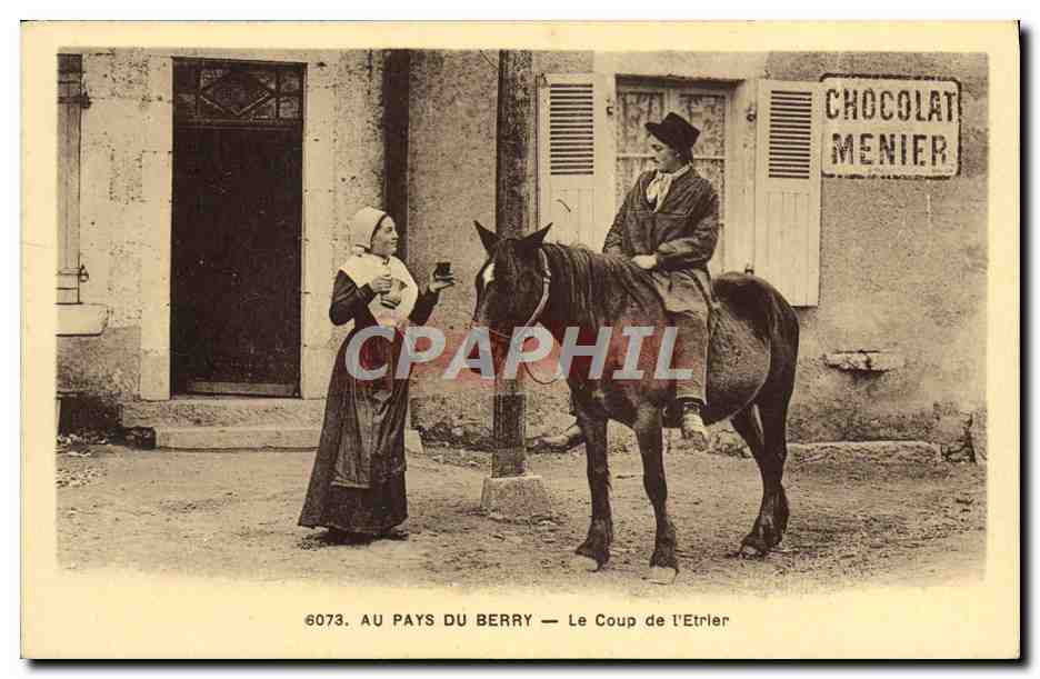 CPA Au Pays Du Berry Le Coup de L'Etrier Folklore Cheval Chocolat Menier
