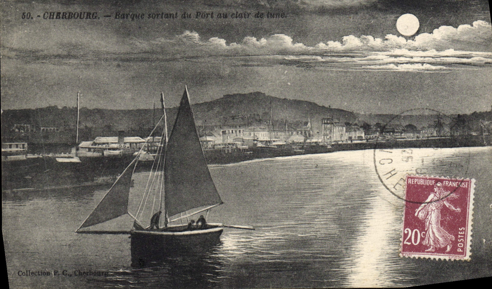 Cherbourg — Boot, das aus dem Hafen bei Mondlicht herausfährt — Sammlung F. C., Cherbourg