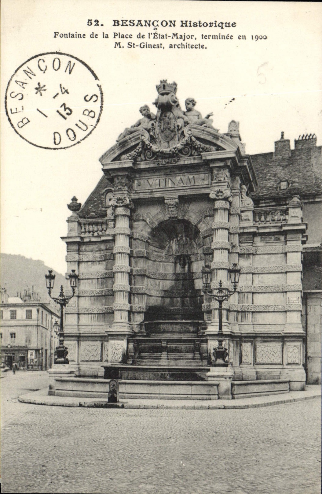 Besançon Historique — Fontaine de la Place de l'État-Major, terminée en 1900 — M. St-Ginest, architecte