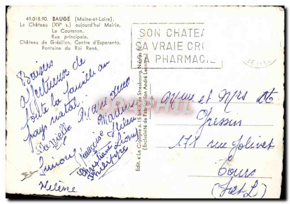 CPM Bauge Le Chateau du Gresillon Centre d'Esperanto Fontaine du roi Rene Esperanto — Rückseite