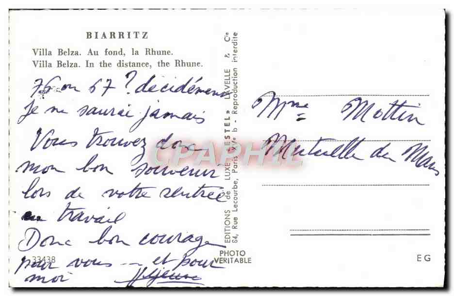 CPM Biarritz Villa Belza Au Fond la Rhune — Rückseite