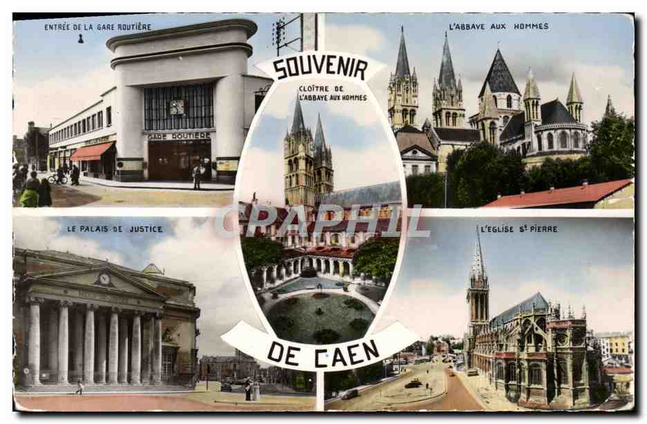 CPM Caen Entree de la gare routiere L'abbaye aux hommes Le palais de justice L'eglise St Pierre