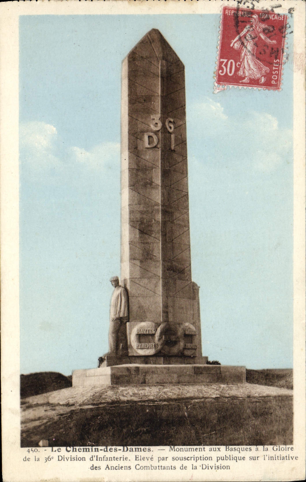 Le Chemin-des-Dames — Monument aux Basques à la Gloire de la 36e Division d'Infanterie — éditeur Jacques Fréville, Reims, n° 450
