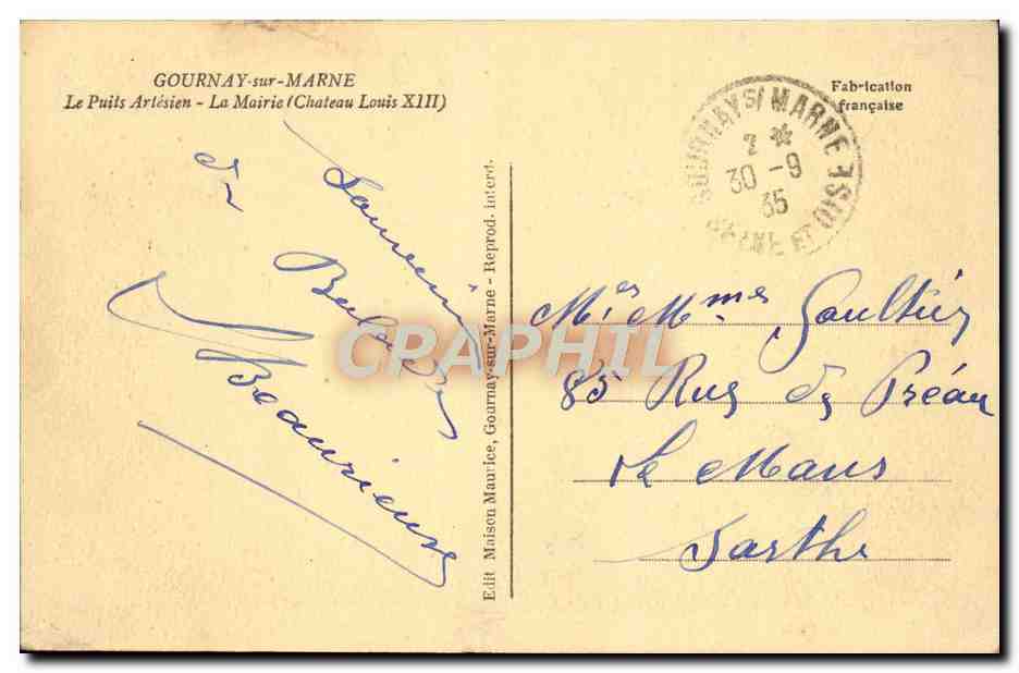 CPA Gournay sur Marne Le puits Artesien La mairie Chateau louis XIII — Back