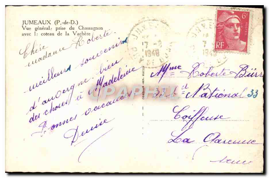 Allgemeiner Blick von Chassagnon — Hügel von Vachère — Verlag P. de D. Jumeaux — Rückseite