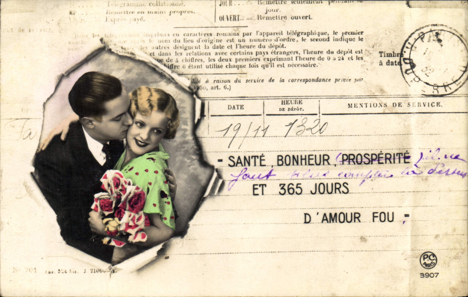 Couple amoureux — carte postale télégraphique — PC Paris 3907