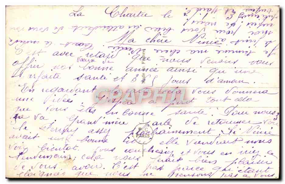 Couple amoureux — carte postale télégraphique — PC Paris 3907 — Rückseite