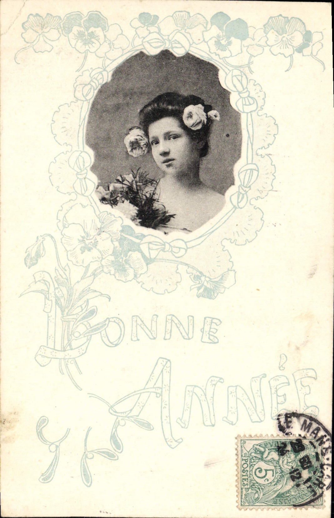 Jeune femme avec fleurs — Bonne Année — éditeur Paris, n° de série non visible
