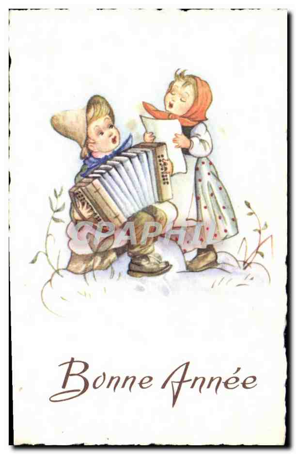 CPA Fantaisie Bonne Annee Enfants Accordeon