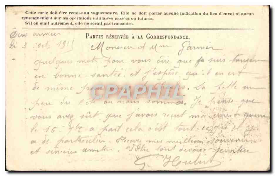 Carte de Franchise Militaire Garnier Le Mans — Rückseite