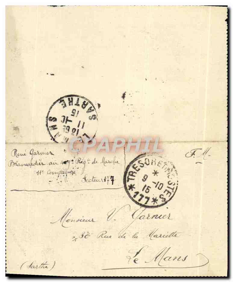 Lettre Garnier Francise Militaire pour le Mans 