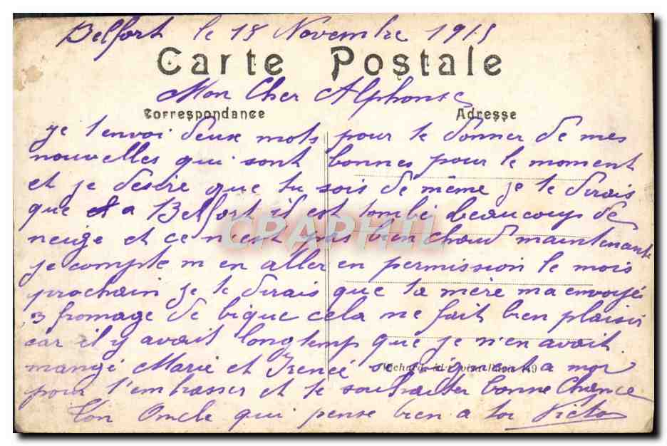 Belfort — Musique du 55e Territorial se rendant à la revue du général Joffre — A. R. n°15 — Verso
