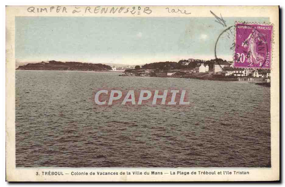 CPA Treboul Colonie de Vacances de la Ville Du Mans La plage de Treboul et l'ile Tristan Cachet Quimper a Rennes 