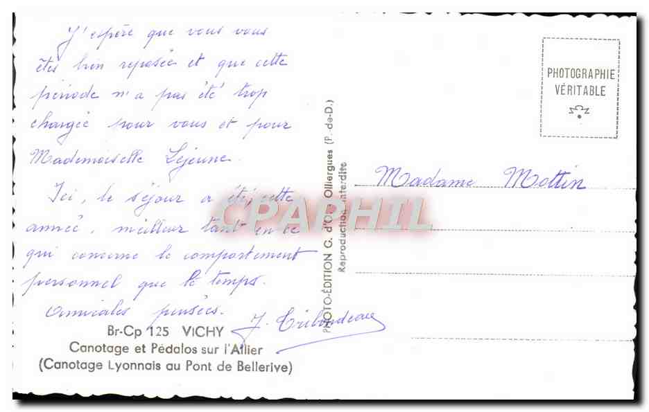 CPM Vichy Canotage Et pedalos Sur I'Allier — Rückseite