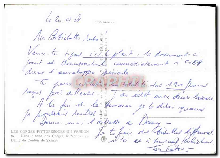 Les Gorges pittoresques du Verdon — Défilé du Coulou de Samson — éditeur TAMY — Verso