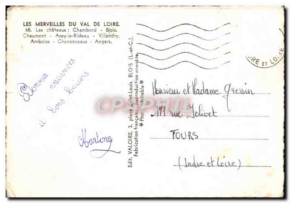 Châteaux du Val de Loire — Souvenir du Val de Loire — Edit. VALOIRE — Verso