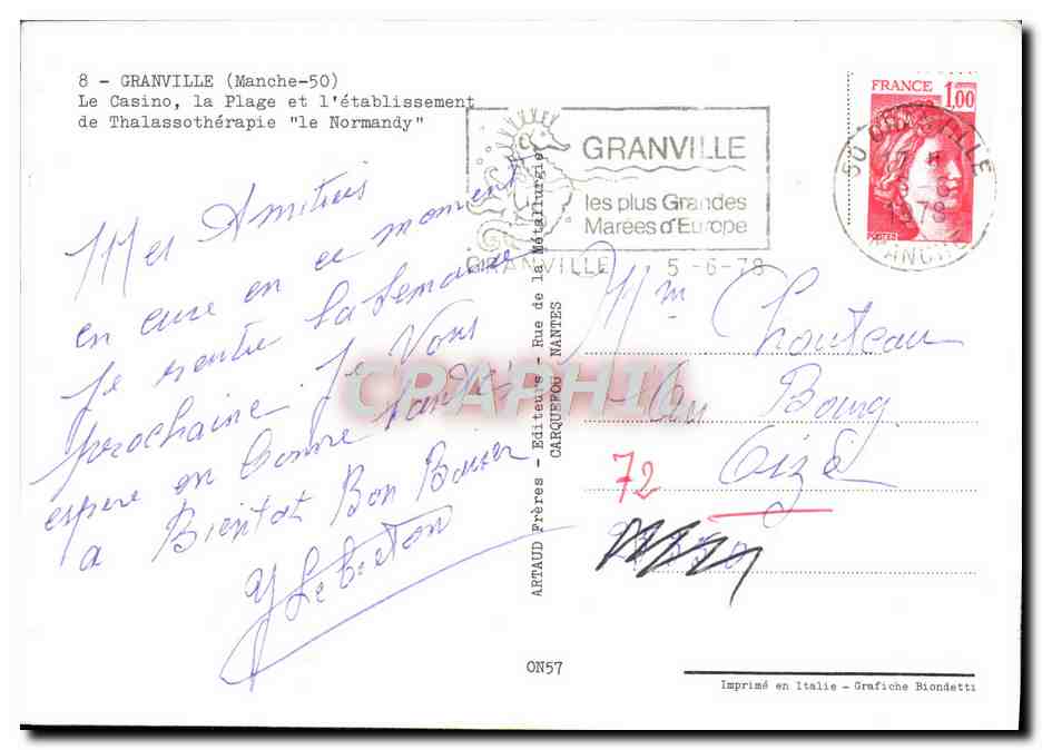 CPM Granville Le Casino La Plage Et l'etablissement de Thalassatherapie Le Normandy — Verso
