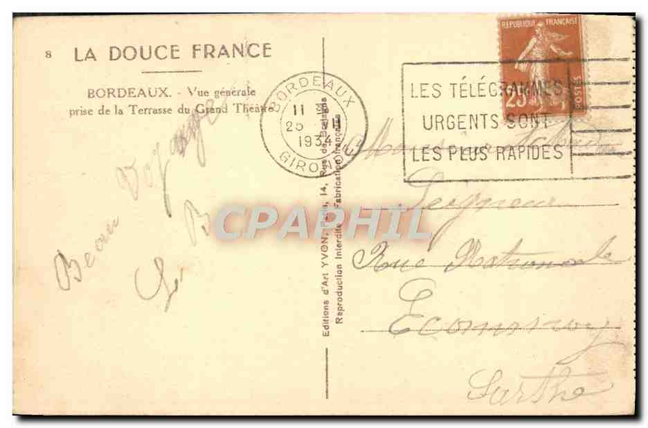 Bordeaux — Vue générale prise de la Terrasse du Grand Théâtre — Éditions d'Art Yvon, n°8 — Verso
