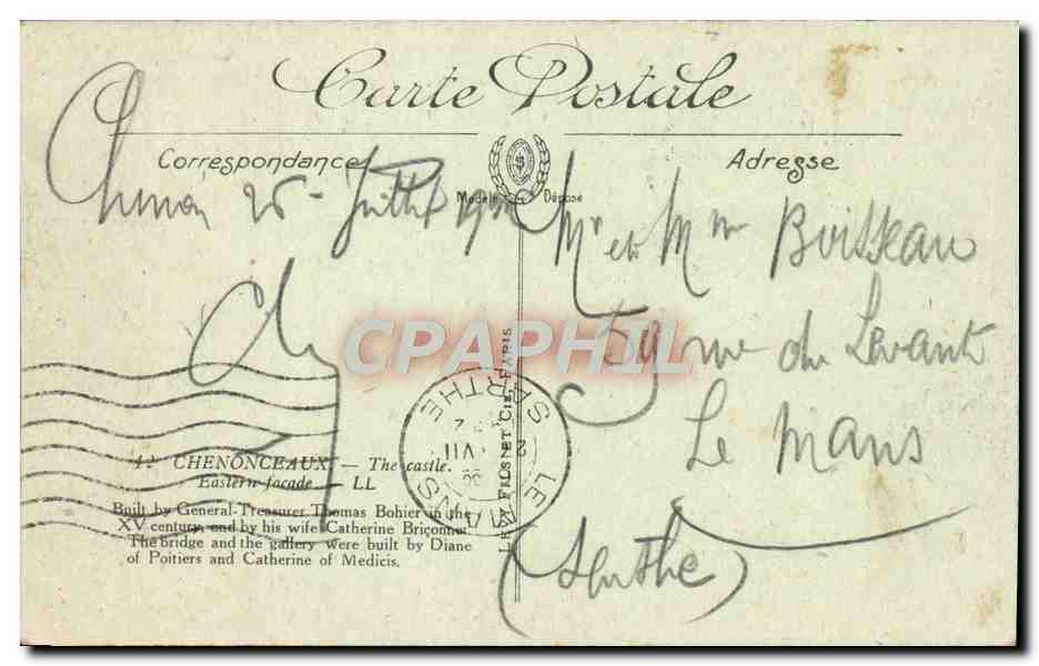 CPA Chenonceaux Le Chateau Facode Occidentale Cachet Thouars a Tours  — Rückseite