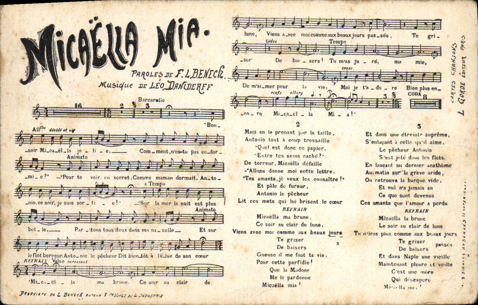 Micaëlla Mia — Chanson de F. L. Benech et Léo Daniderff — Éditeur L. Gorde
