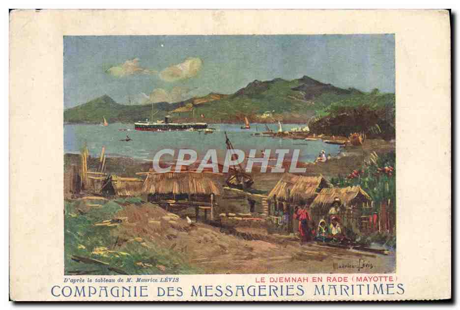 Le Djemnah en rade (Mayotte) — vue maritime — Compagnie des Messageries Maritimes, d'après le tableau de M. Maurice Lévis