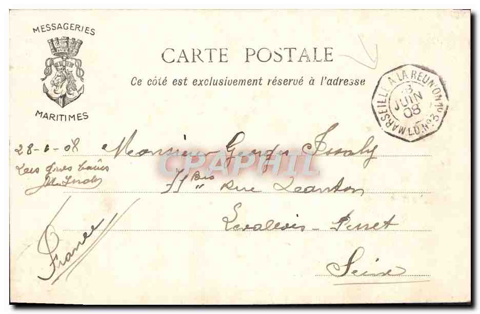 CPA Mombasa La Vieille Tour Cachet Marseille a la Reunion — Rückseite