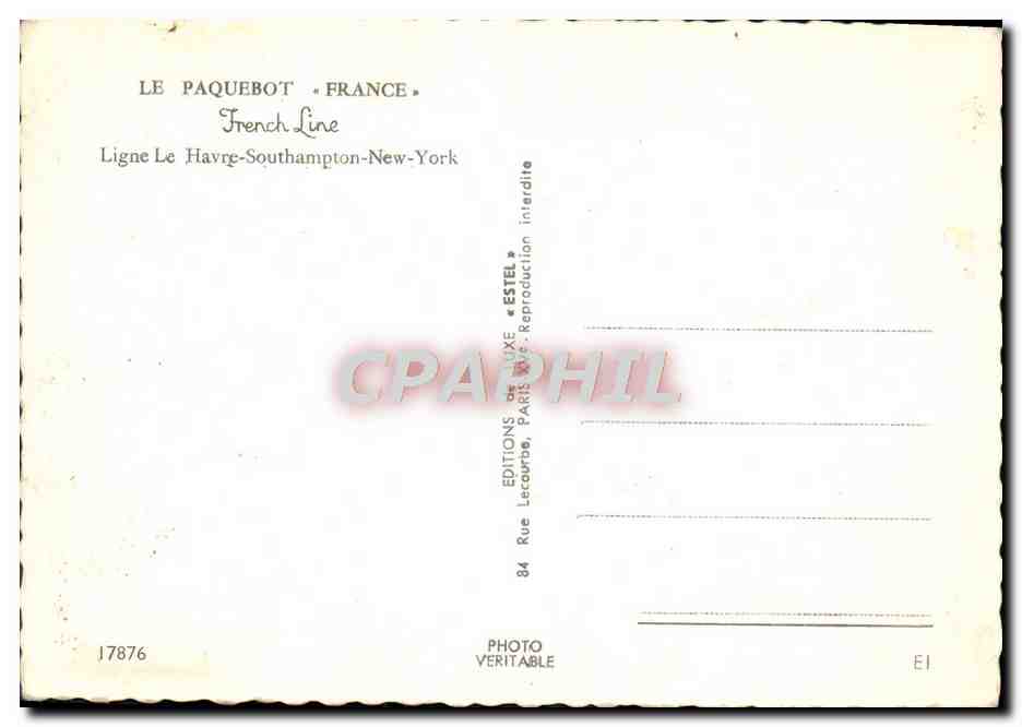CPM Paquebot France French Line Ligne Le Havre Southampton New York — Verso