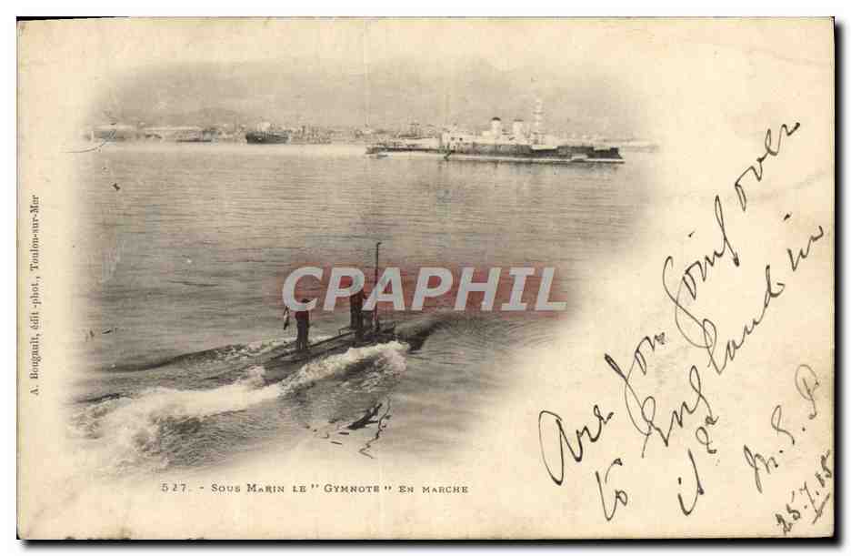 Sous Marin le 'Gymnote' En Marche — A. Bongault, édit.-phot., Toulon-sur-Mer, n° 527