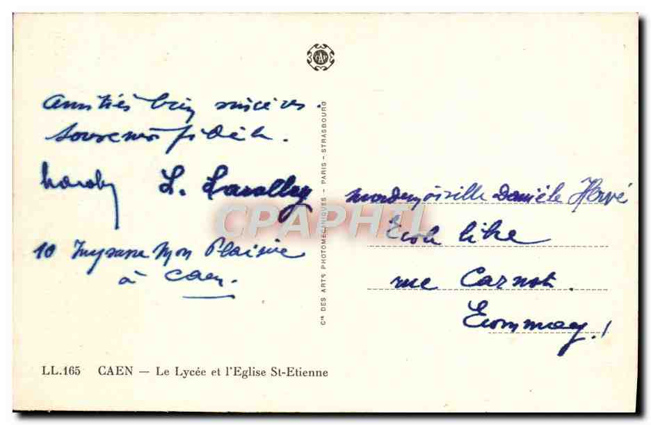 CPA Caen Le Lycee et L'Eglise St Etienne — Verso