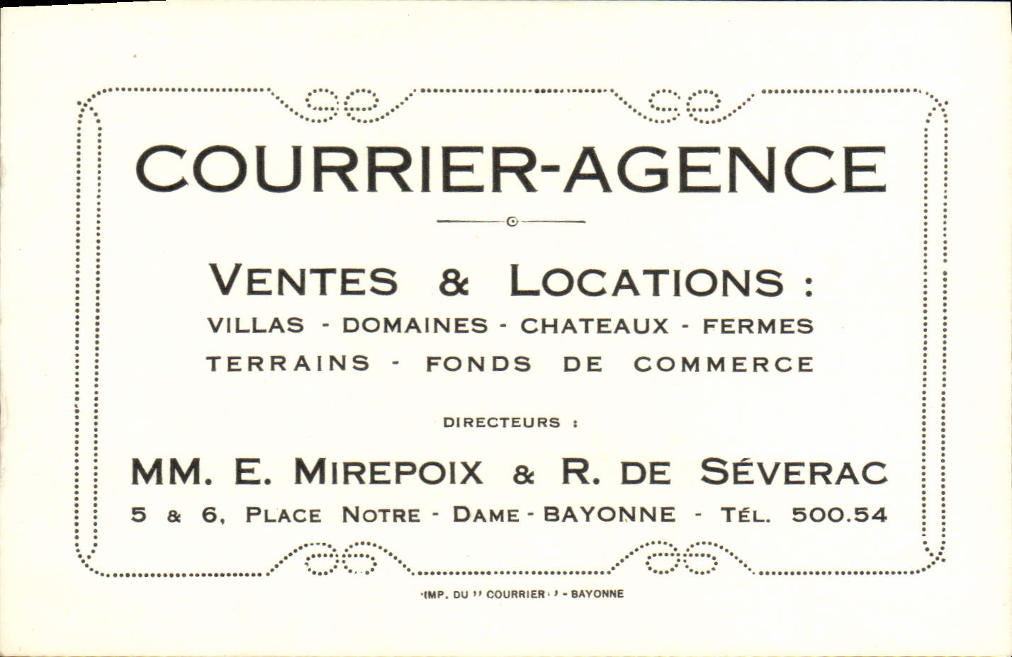 Carte de visite Courrier Agence Mirepoix Severac Place Notre Dame Bayonne Immobilier 