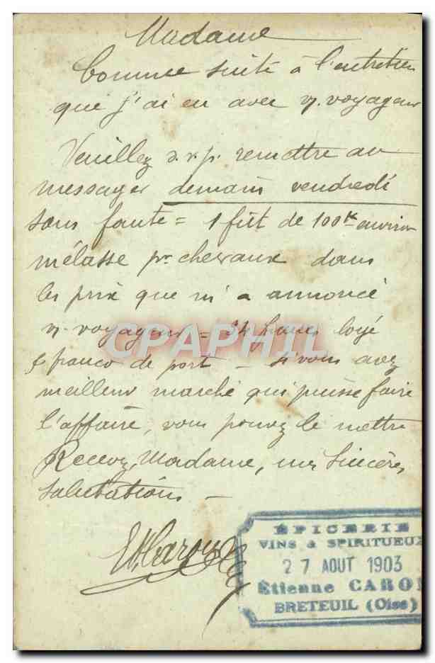 Entier postal 10c Cachet Paris a Valenciennes pour Amines 1903 — Rückseite