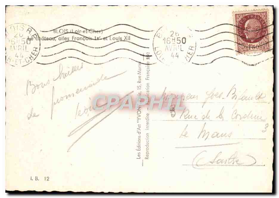 Castillo de Blois — alas de Francisco I y de Luis XII — Ediciones d'Art 'VON' París — Reverso