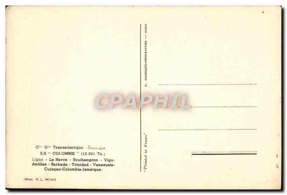CPA Colombie Ligne Le Havre Southampton Vigo Antilles Barbade Cie Gle Transatlantique French Line — Verso
