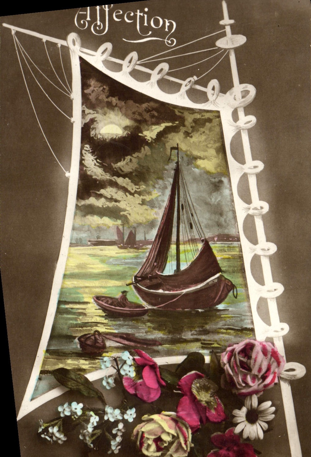 Bateau sous la lune — Affection — carte postale illustrée