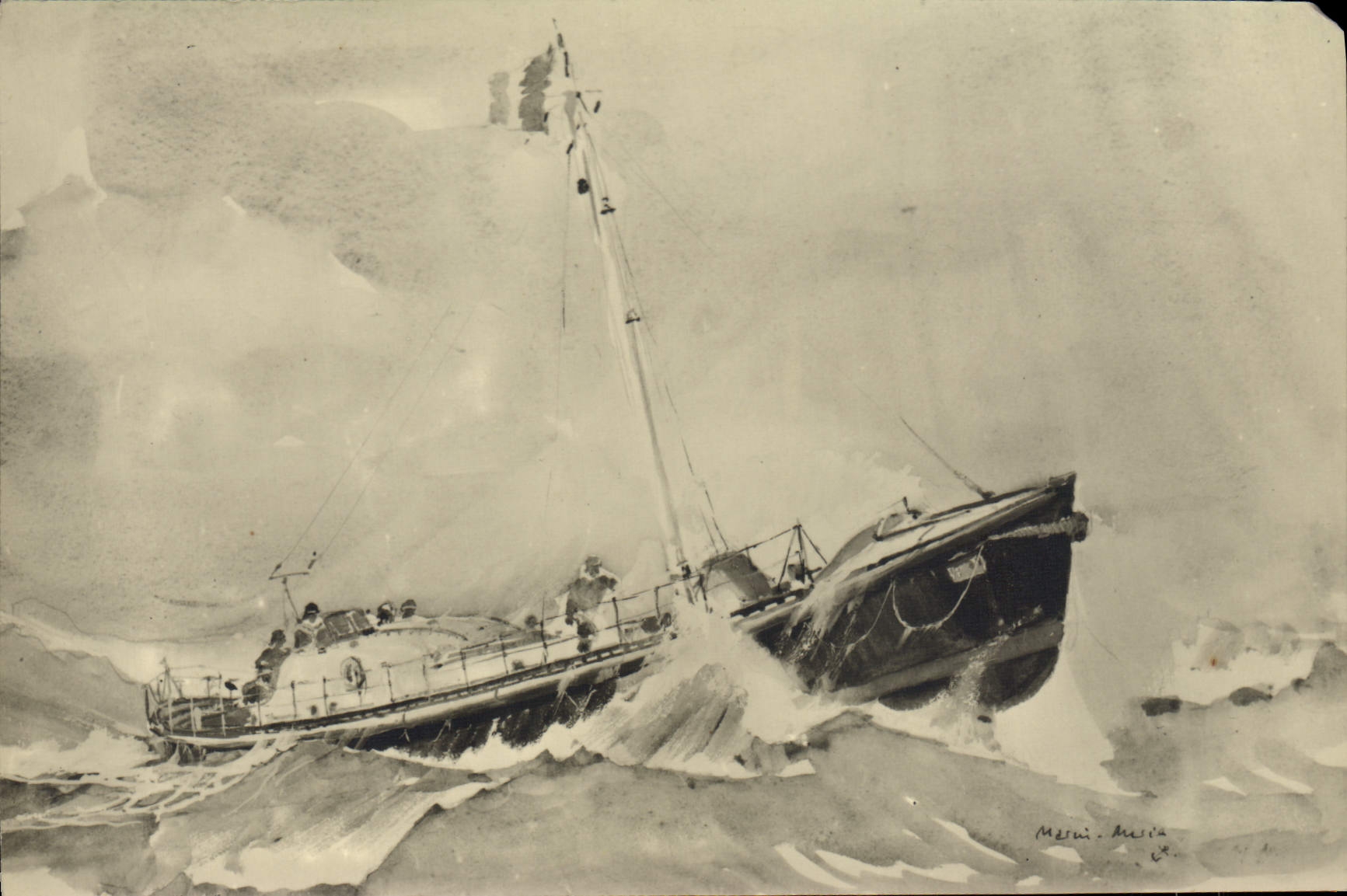 Bateau en mer agitée — dessin à l'aquarelle — Mesui. Mesia
