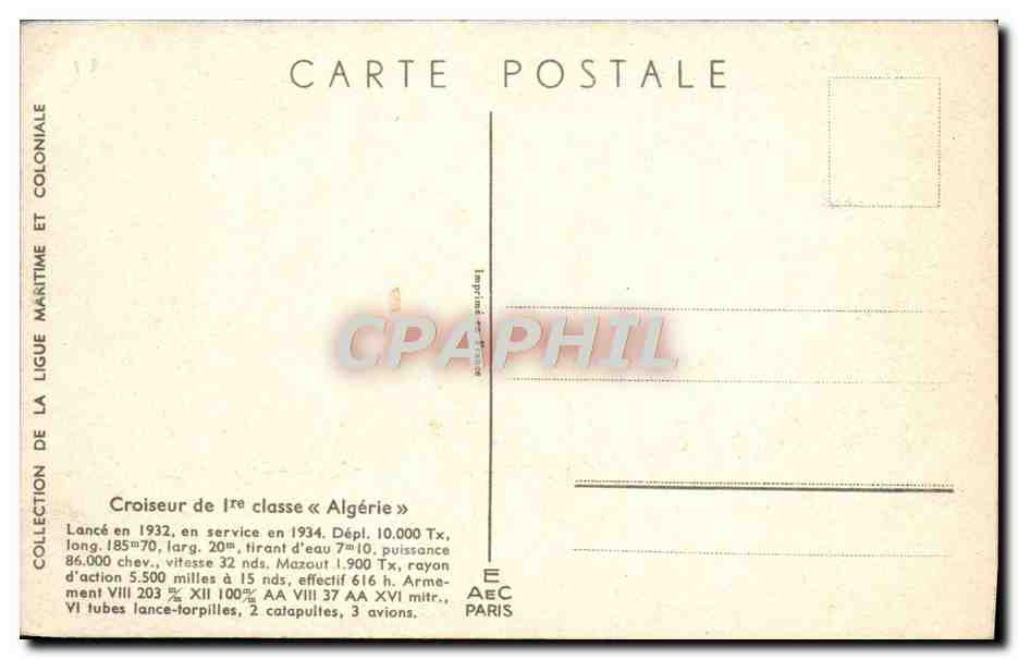 CPA Croiseur de 1ere Classe Algerie Bateau Haffner  — Verso