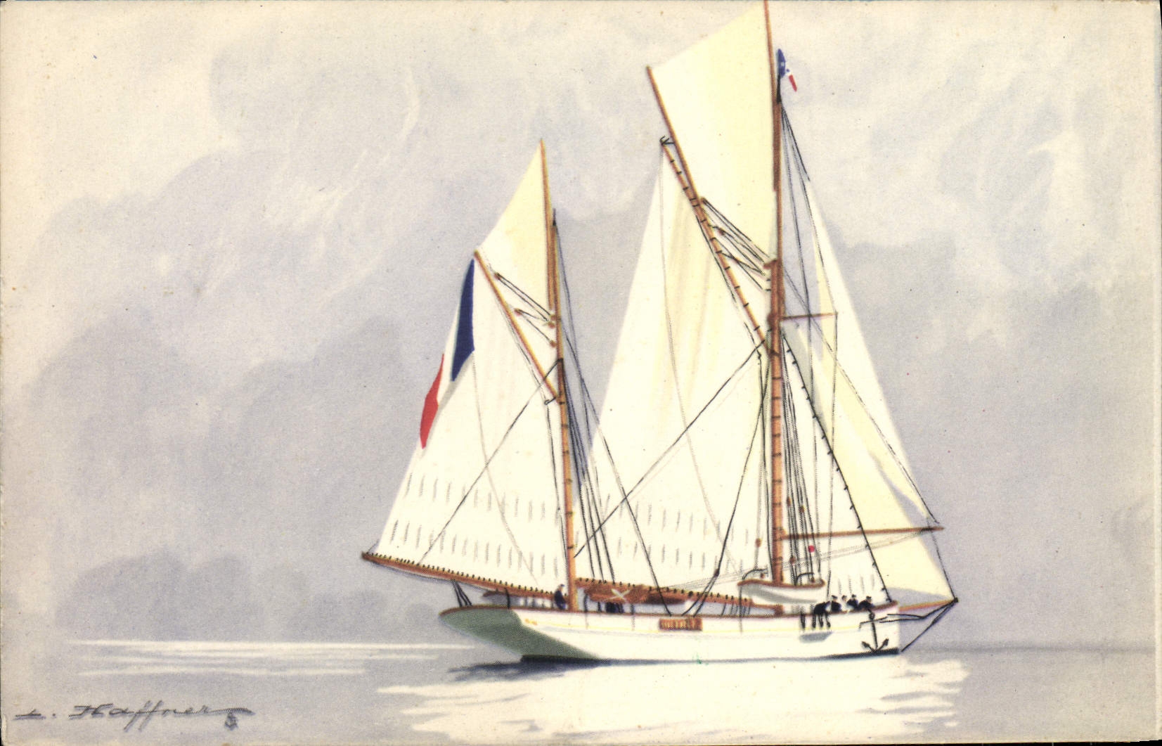 Yacht "Encalminé" — ketch de croisière avec grand mat devant le gouvernail — dessin de L. Haffner
