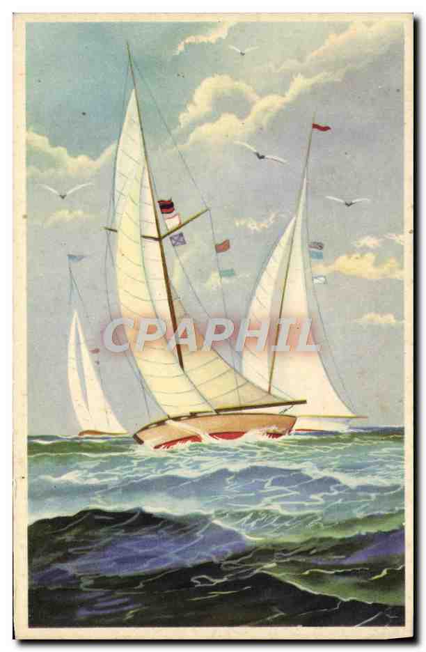Voiliers en mer — scène maritime — imprimée en Belgique