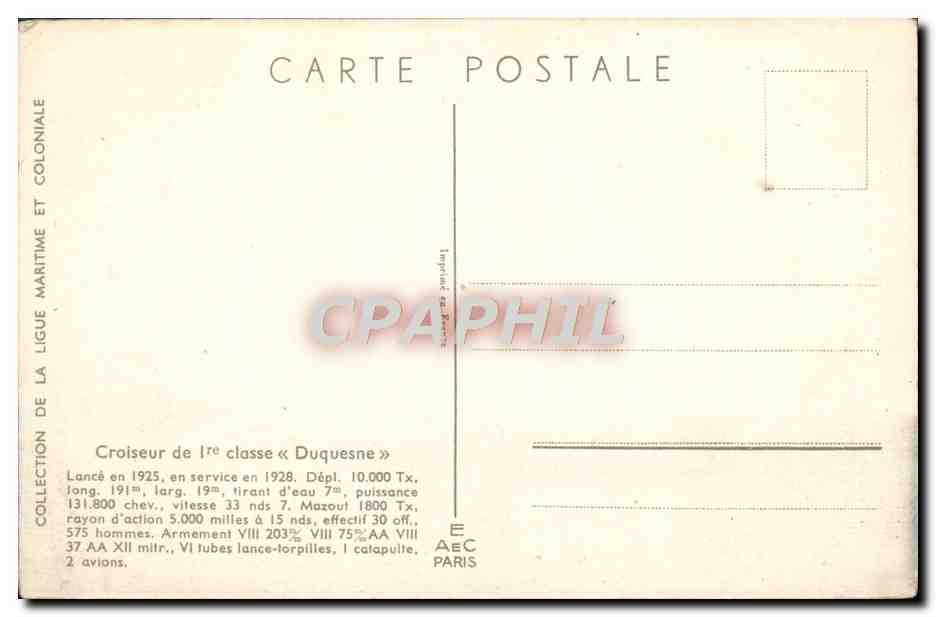 CPA Croiseur de 1ere Classe Duquesne Bateau — Verso