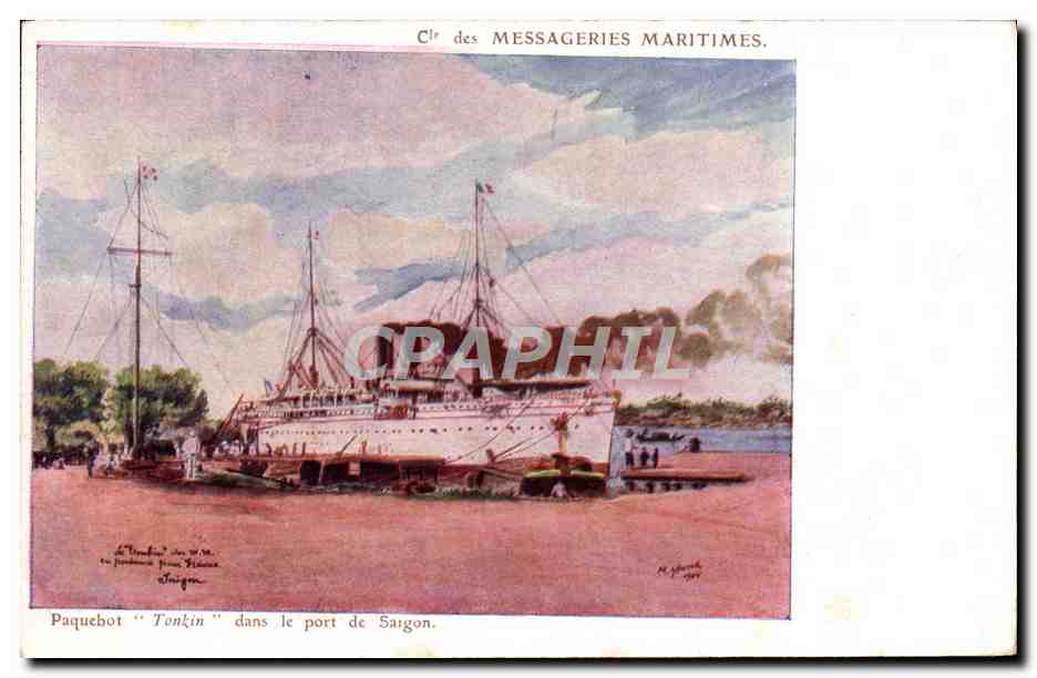 Paquebot "Tonkin" dans le port de Saigon — Clair des Messageries Maritimes — Éditeur E. Daussiat, Paris