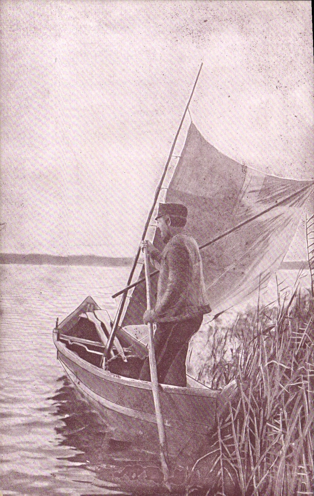 Pêcheur en barque à voile — scène lacustre — éditeur non identifié - Recto
