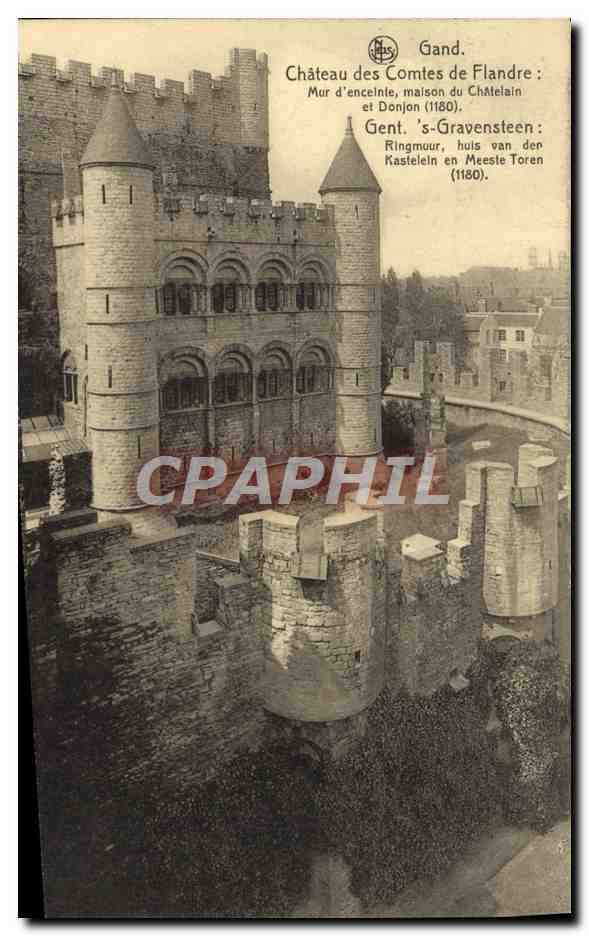 Gand. Château des Comtes de Flandre : Mur d'enceinte, maison du Châtelain et Donjon (1180).