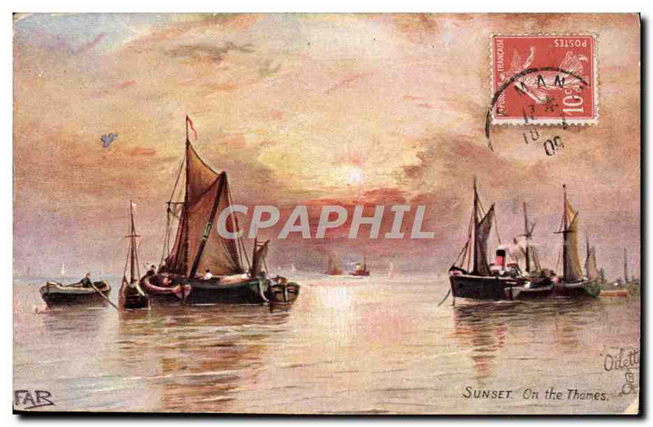 CPA Sunset On The Thames Bateaux