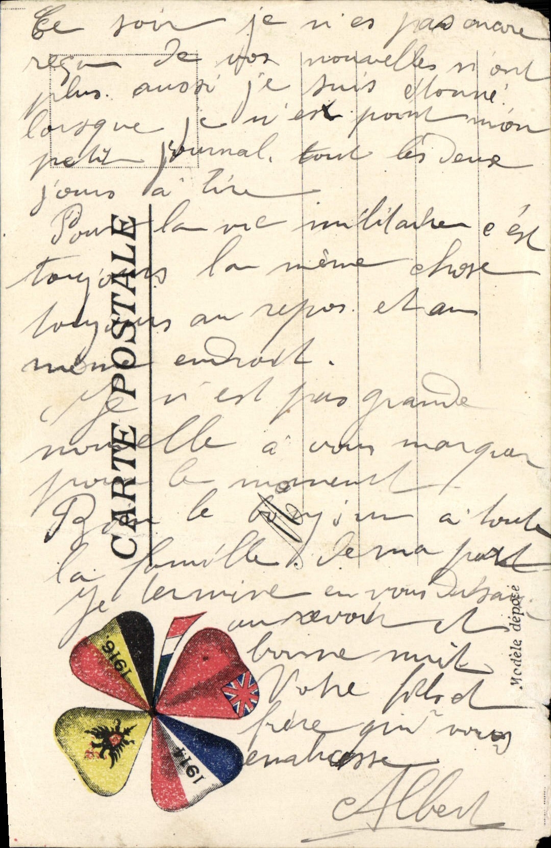 Carte postale avec message manuscrit — Albert — 1916 — modèle déposé