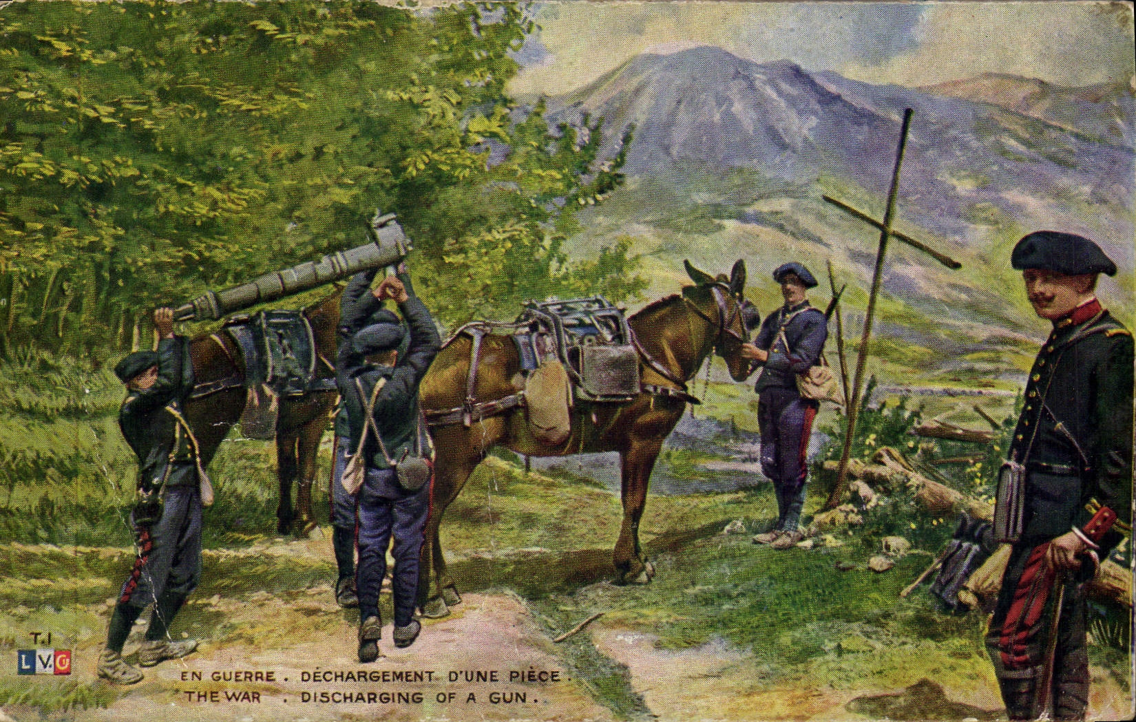 CPA En guerre Dechargement d'une piece Ane Militaria Chasseurs alpins
