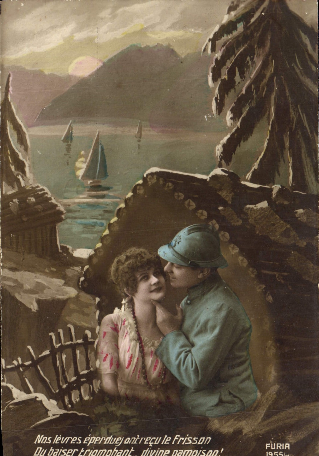 Soldat et femme au bord d'un lac enneigé — FURIA 1955
