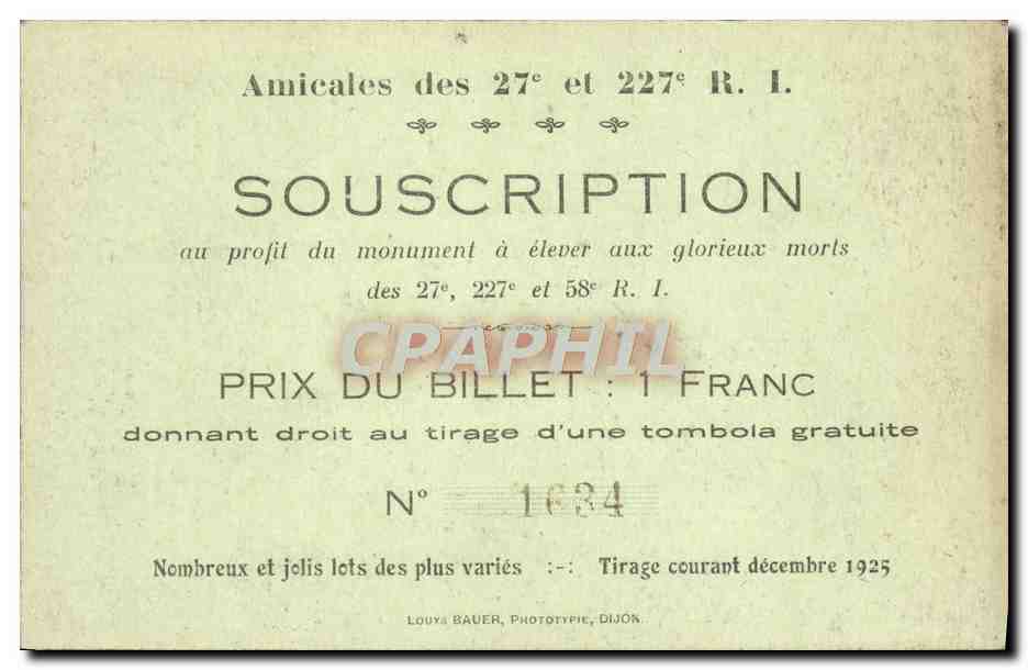 CPA Souscription Amicales des 27 et 227 RI Militaria — Verso