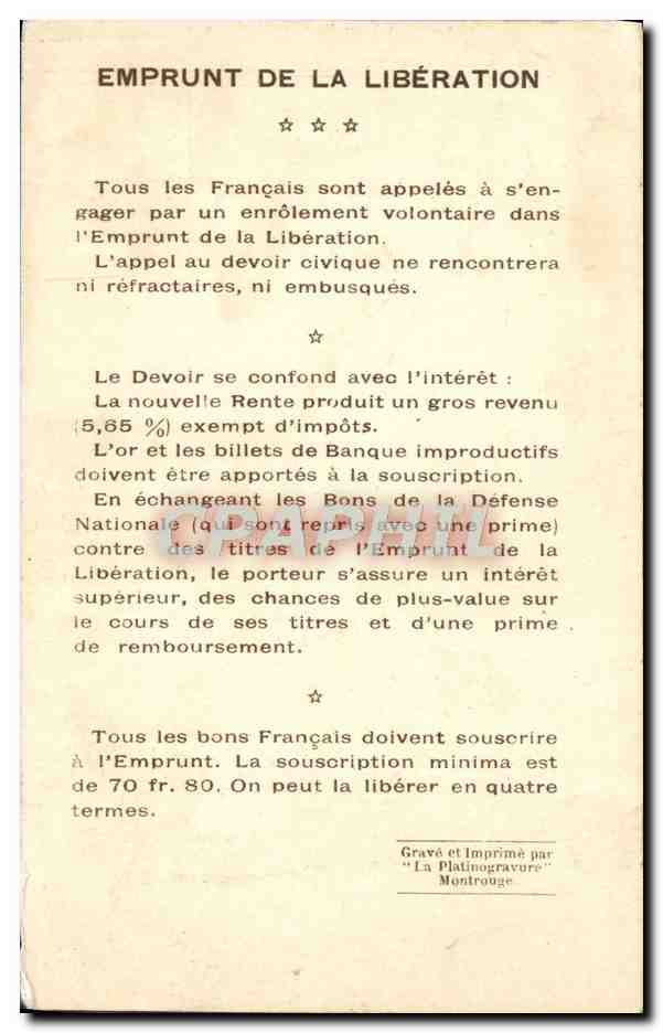 CPA Emprunt De La Liberation Les vainqueurs de la Marne General Petain Militaria — Rückseite