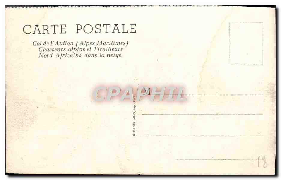 CPA Col De I'Aution Chasseurs Alpins et tirailleurs Nord Africains dans la neige Militaria Ski — Rückseite